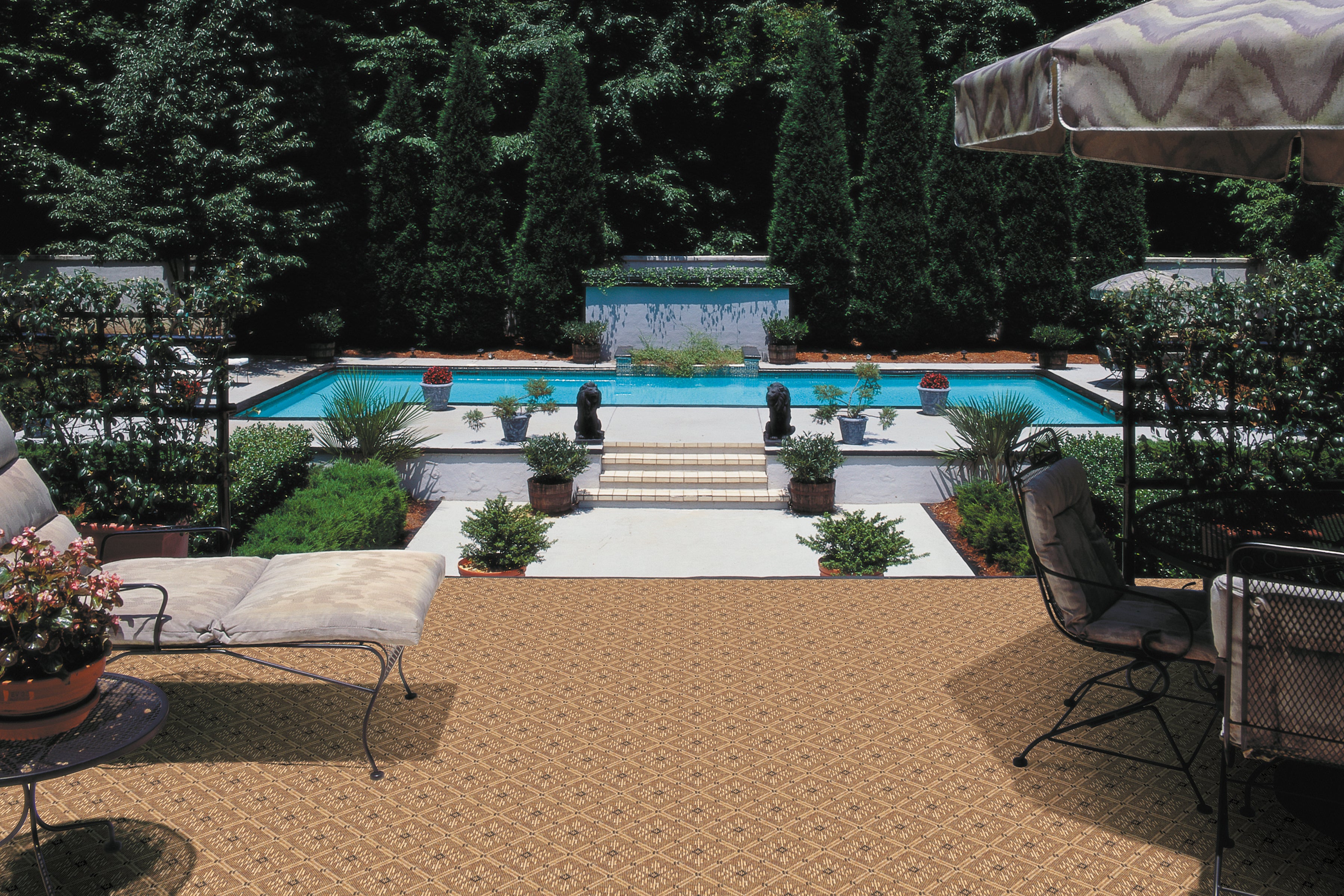 Outdoor patio scene showing rug near pool and lounge chairs under umbrella